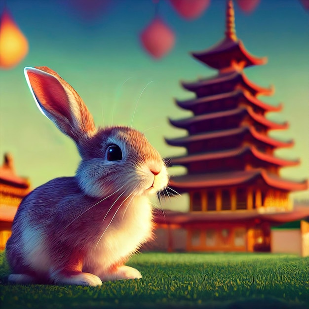Conejo 3d con fondo de escenario chino
