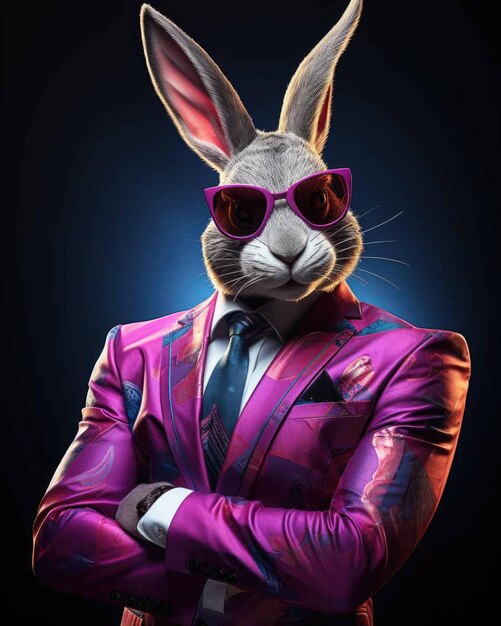Conejo 3D en traje de negocios con un cuerpo humano que parece serio con un fondo de estudio dramático