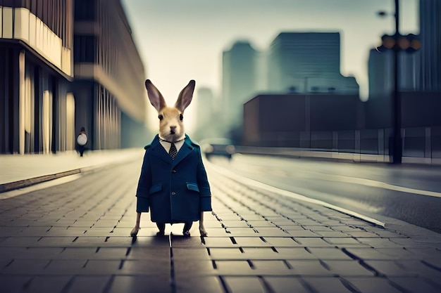 Foto conejo en un abrigo en una calle con un fondo de ciudad