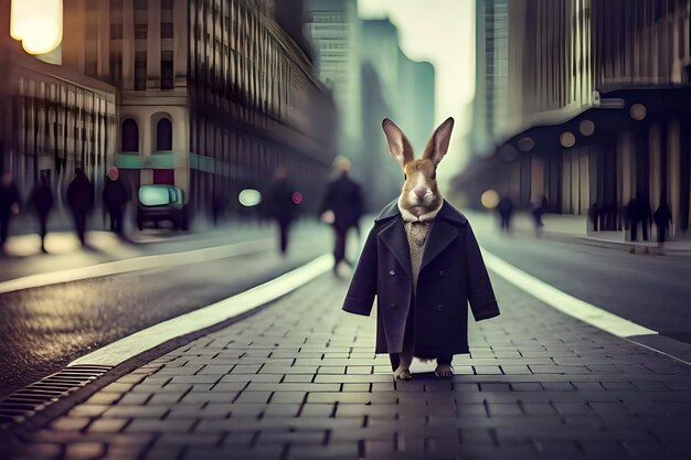 un conejo con abrigo camina por la calle.