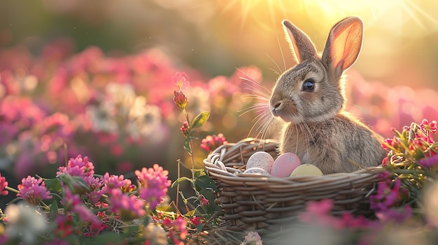 Un conejo adorable anidado en una canasta con huevos de Pascua por flores rosas Generativo Ai