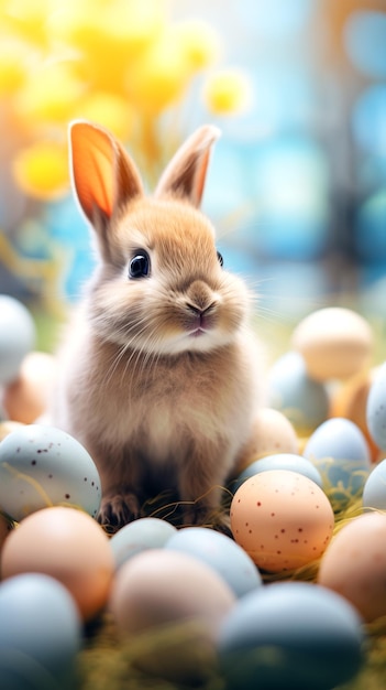 Conejo adorable con huevos de Pascua coloridos tarjeta de felicitación de Pascua fondo teléfono tapiz historias telón de fondo