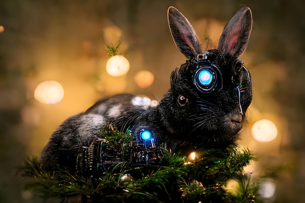 Conejo de agua negra en estilo cyberpunk en un cálido árbol de navidad iluminado en un fondo borroso neural