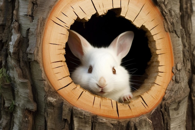 Conejo en el agujero del árbol con zanahoria