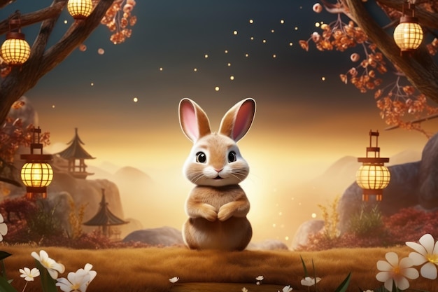 Conejo alegre celebrando el medio otoño Feliz festival del medio otoño Fondo Generativo Ai