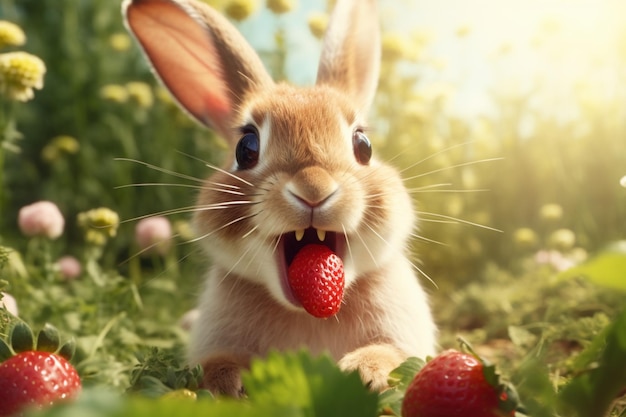 Un conejo alegre disfrutando de una dulce golosina de fresa