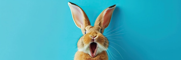 Conejo alegre con orejas largas levantadas alto y boca abierta que parece aclamar o reír contra un fondo claro expresando humor deleite o emoción concepto de Pascua pancarta con espacio de copia