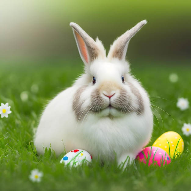 Conejo de angora francés peludo y tranquilo sentado en hierba verde con huevos de Pascua