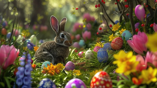 Conejo anidado entre huevos de Pascua en el entorno natural de hierba