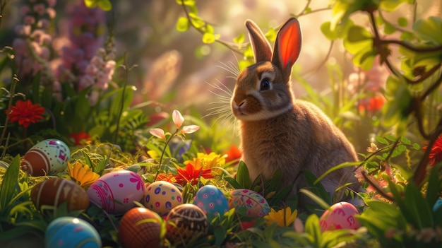 Conejo anidado entre huevos de Pascua en el entorno natural de hierba