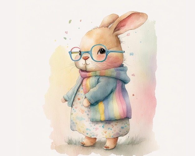 Un conejo con anteojos y un suéter que dice 'bunny'