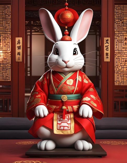 un conejo con un arco rojo y un símbolo chino en él