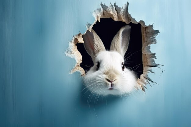 Conejo asomando por un agujero en la pared azul de orejas esponjosas