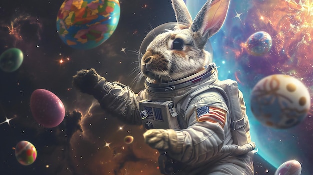 El conejo astronauta galáctico de Pascua en gravedad cero