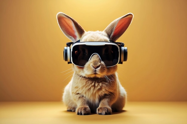 Un conejo con auriculares de realidad virtual VR aislado en el metaverso de simulación de fondo amarillo claro
