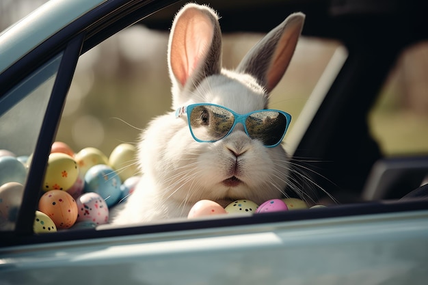 Un conejo en un auto con huevos de pascua.