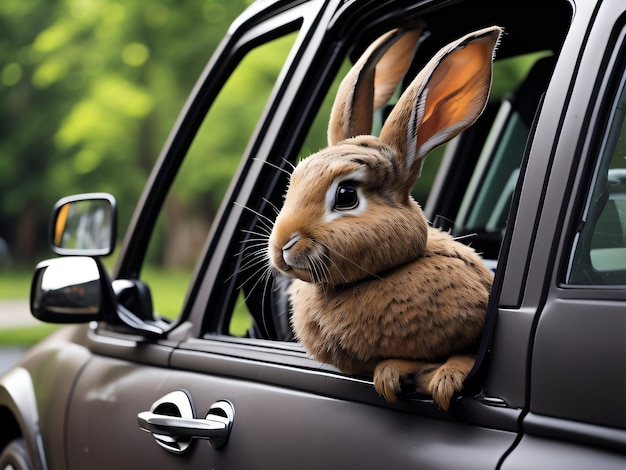 Un conejo en un auto mirando por la ventana.