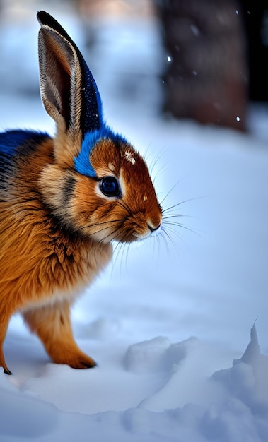 Un conejo azul con la cabeza azul está en la nieve.