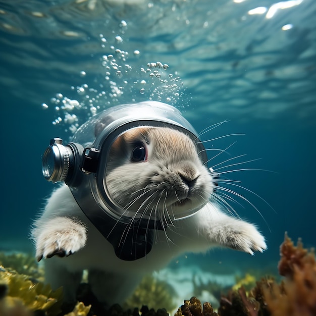 Foto un conejo bebé está disfrutando de bucear en las profundidades del mar ai generativo