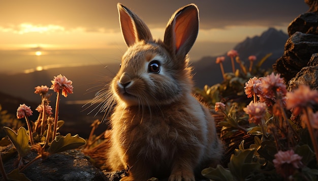 Conejo bebé esponjoso sentado en la hierba disfrutando de la puesta de sol generada por inteligencia artificial