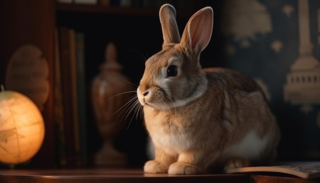 Conejo bebé esponjoso sentado en una mesa de madera generado por IA