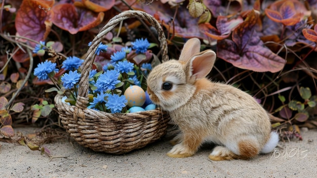 Un conejo bebé está sentado en una canasta de flores y huevos