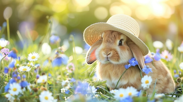 El conejo besado por el sol encuentra refugio entre las margaritas en un exuberante prado de primavera