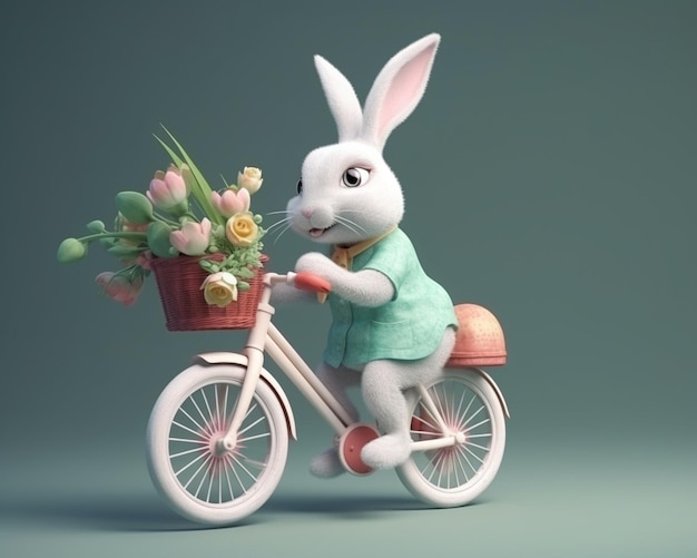 Un conejo en una bicicleta con una cesta de flores.