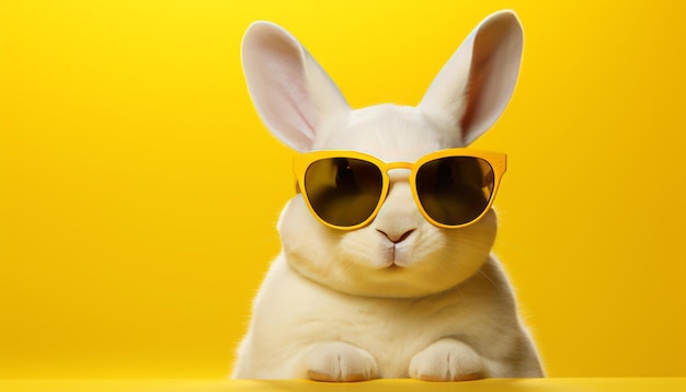 Conejo blanco adorable con gafas de sol en un fondo vibrante grabado en un estudio con espacio de copia