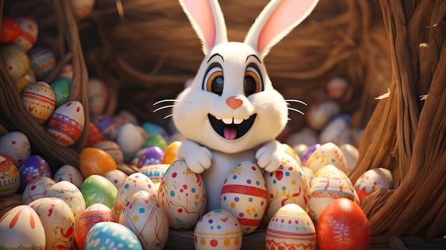 Foto un conejo blanco alegre se sienta en el medio de los huevos de pascua