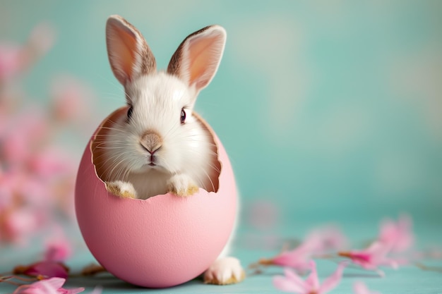 Un conejo blanco asoma por un agujero en un huevo de Pascua un conejo de orejas esponjosas