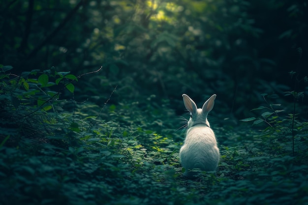 Conejo blanco en un bosque místico