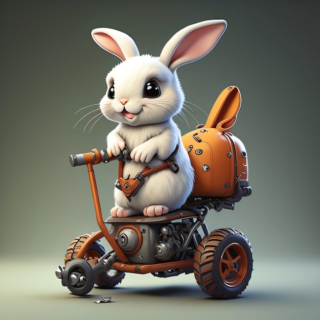 Un conejo blanco conduce una motocicleta con un buggy.