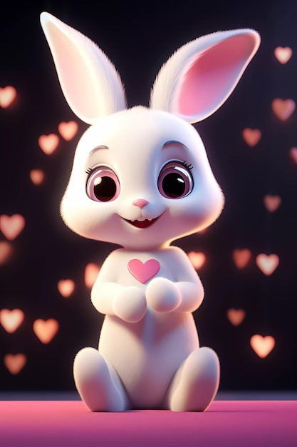 Foto un conejo blanco con un corazón en su pecho se encuentra frente a muchos corazones