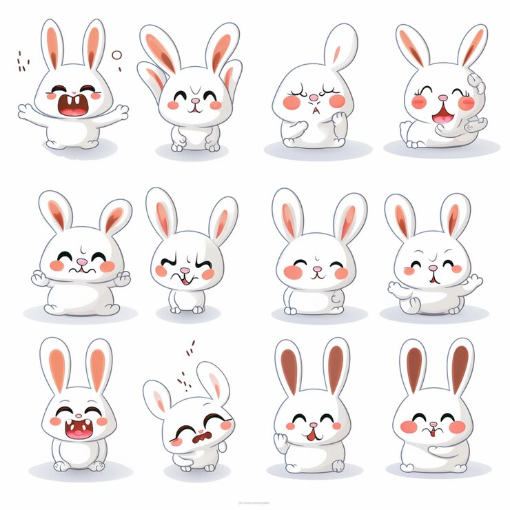 Foto conejo blanco de dibujos animados con diferentes expresiones y expresiones generativas ai