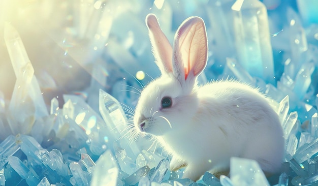 Conejo blanco encantado en medio de un paisaje mágico de cristal