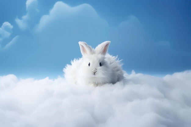 Un conejo blanco y esponjoso anidado en nubes suaves contra un cielo azul claro.