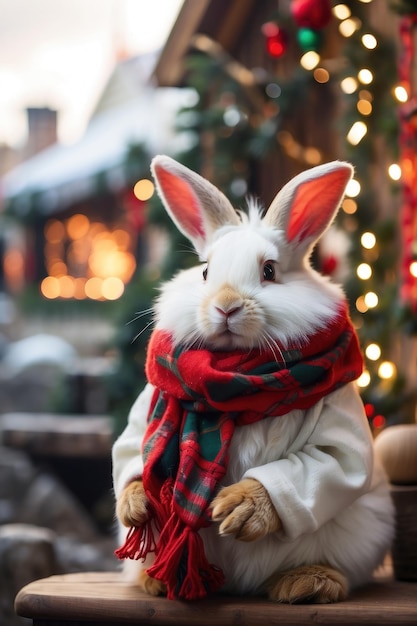 Un conejo blanco esponjoso con una bufanda roja y verde sentado en un pueblo navideño nevado con centelleo