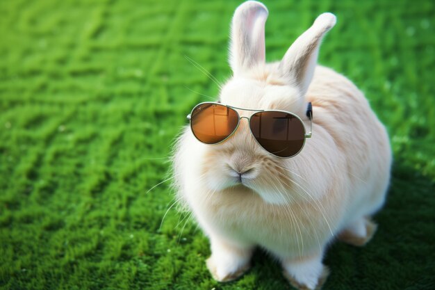 Foto un conejo blanco esponjoso con gafas de sol de aviador en el césped verde