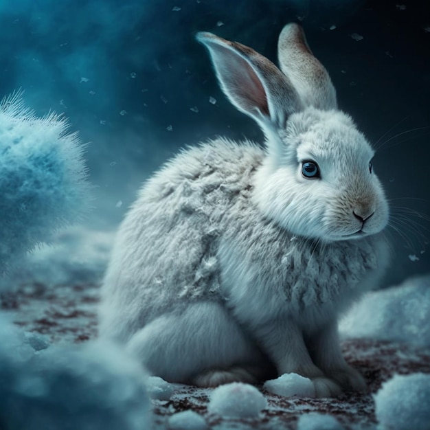 Un conejo blanco con un fondo azul y las palabras el conejo en la parte inferior.