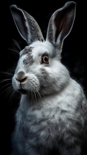 Un conejo blanco con un fondo negro y un fondo negro.