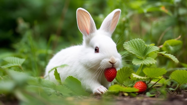 Foto un conejo blanco con una fresa en la boca.