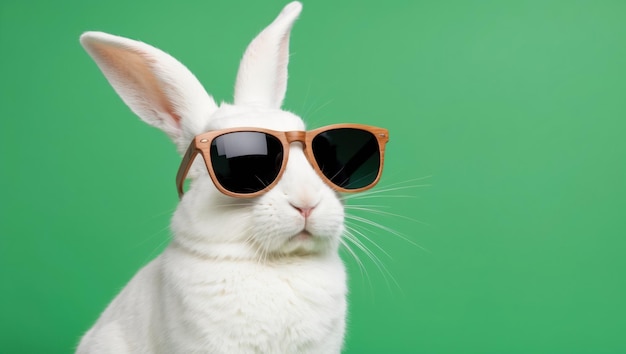 Un conejo blanco fresco con gafas de sol contra un fondo verde