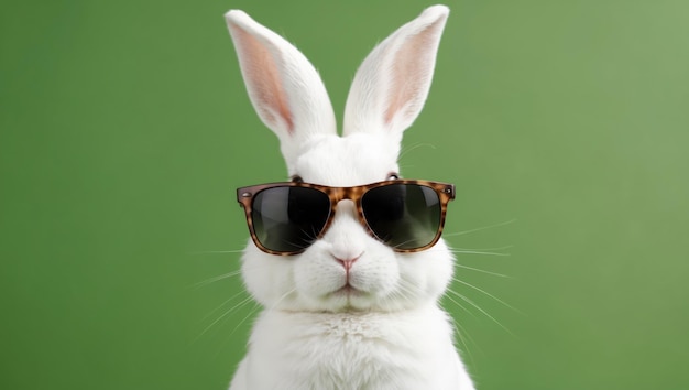 Un conejo blanco fresco con gafas de sol contra un fondo verde
