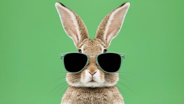 Un conejo blanco fresco con gafas de sol contra un fondo verde