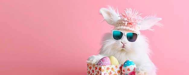 Conejo blanco gracioso con gafas y sombrero sosteniendo una caja de regalos con huevos en fondo rosa