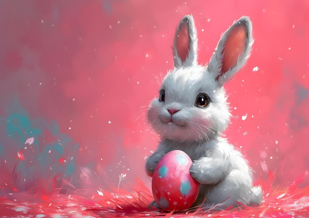 Conejo blanco con huevo de Pascua pintando IA generativa