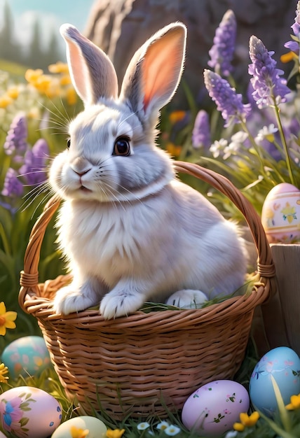 Conejo blanco con huevos de Pascua en la naturaleza