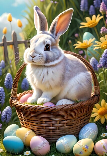 Conejo blanco con huevos de Pascua en la naturaleza