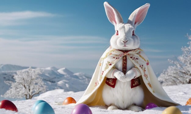 Conejo blanco humanoide con capa blanca de pie en la nieve con huevos de Pascua coloridos